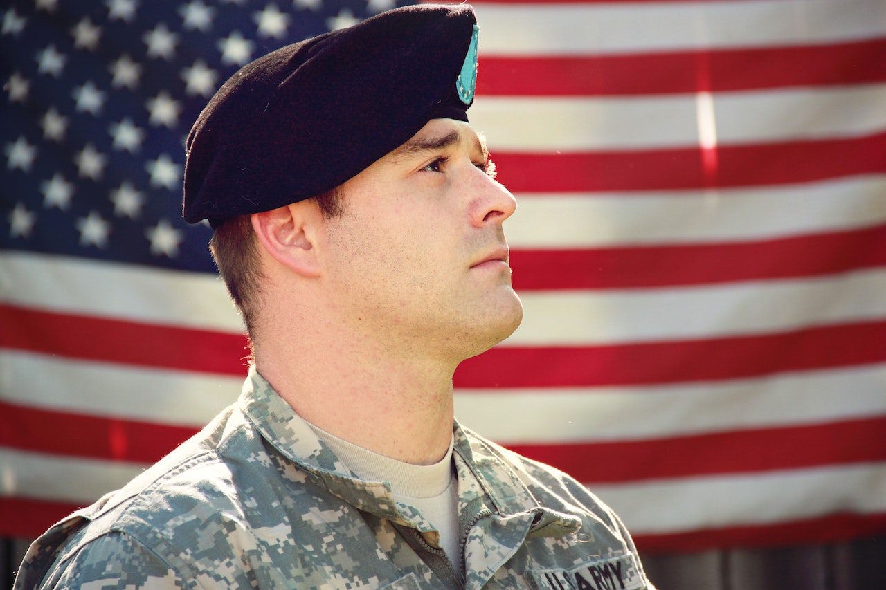 Image close-up headshot side view of an army veteran