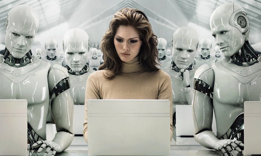 AI image with robots and woman looking at laptop