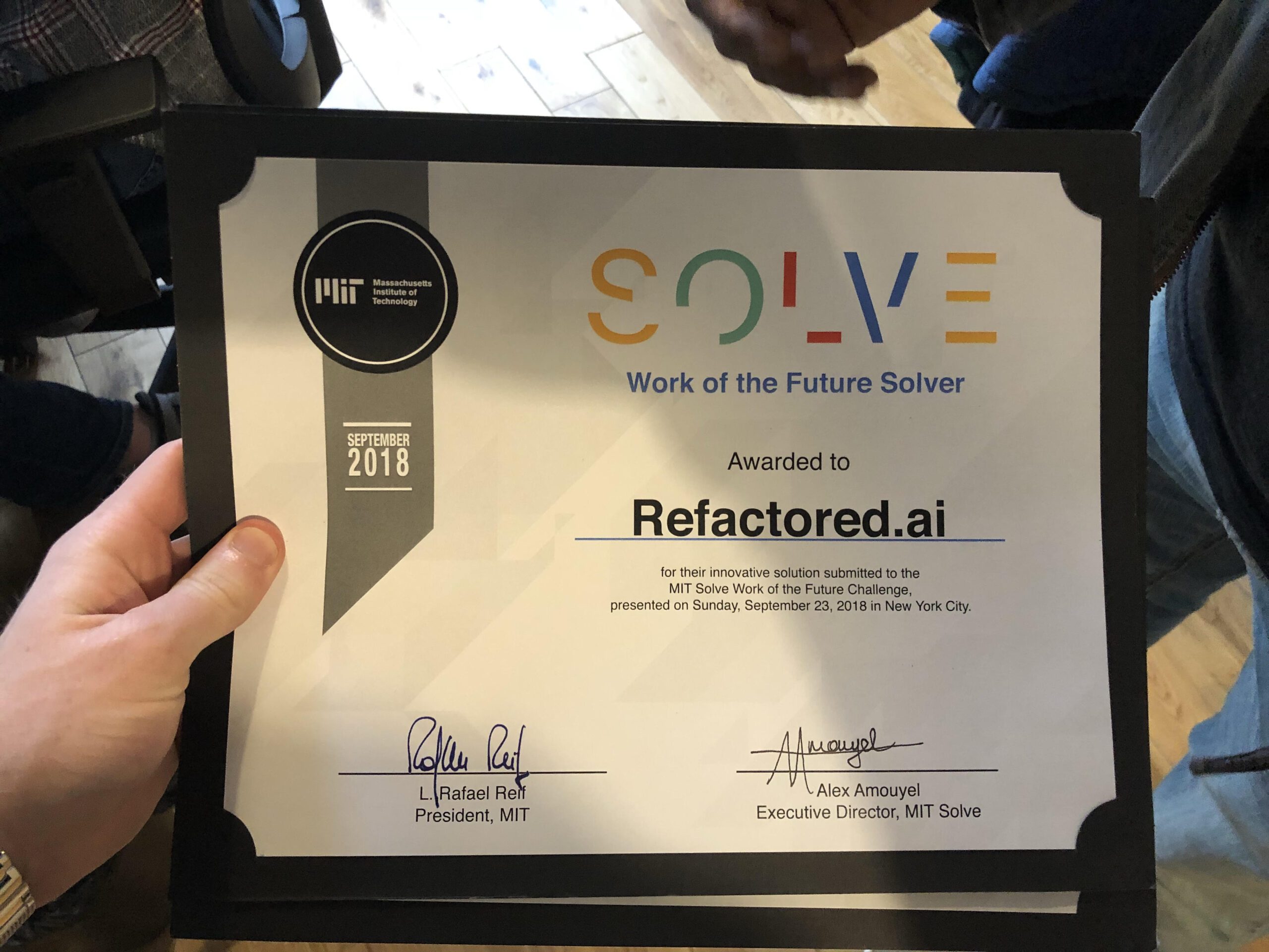 Image of certificate for MIT SOLVE Work of the Future Solver awarded to Refactored.ai 2018